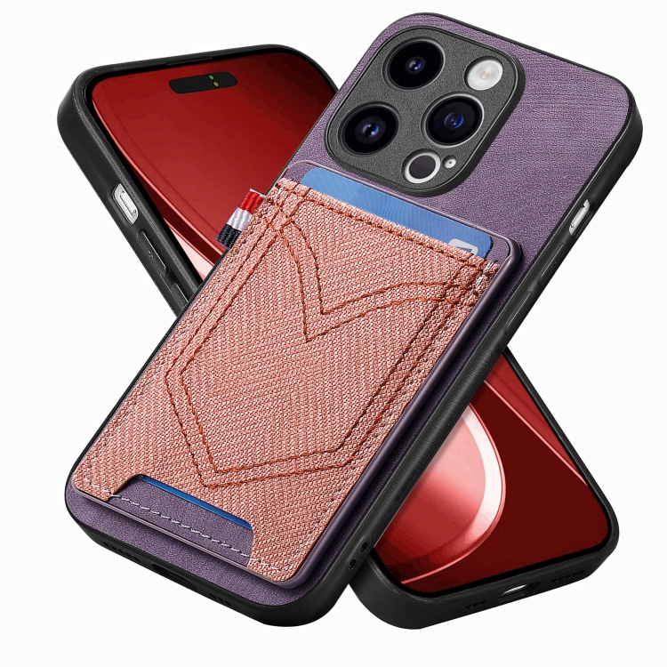 

For iPhone 15 Pro Max Denim Texture Leather Skin Phone Case with Card Slot(Purple)