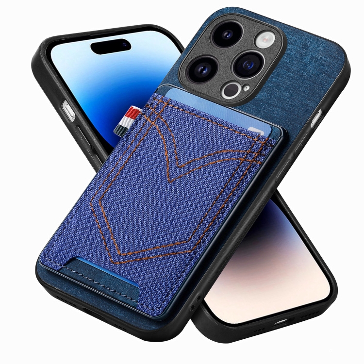 

For iPhone 14 Pro Denim Texture Leather Skin Phone Case with Card Slot(Blue)