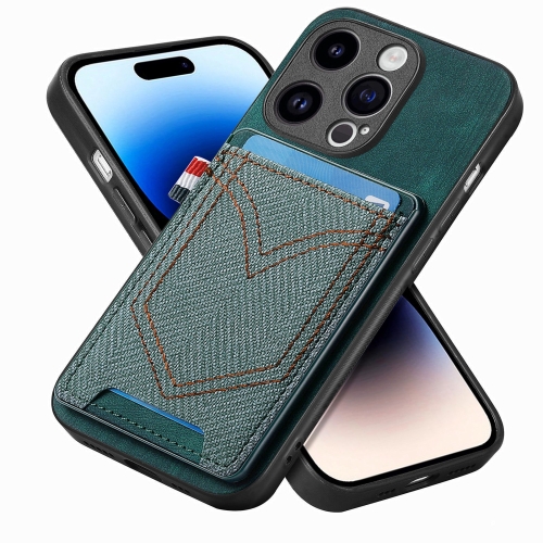 

For iPhone 14 Pro Denim Texture Leather Skin Phone Case with Card Slot(Green)