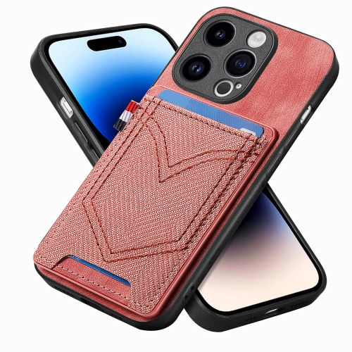 

For iPhone 14 Pro Denim Texture Leather Skin Phone Case with Card Slot(Pink)