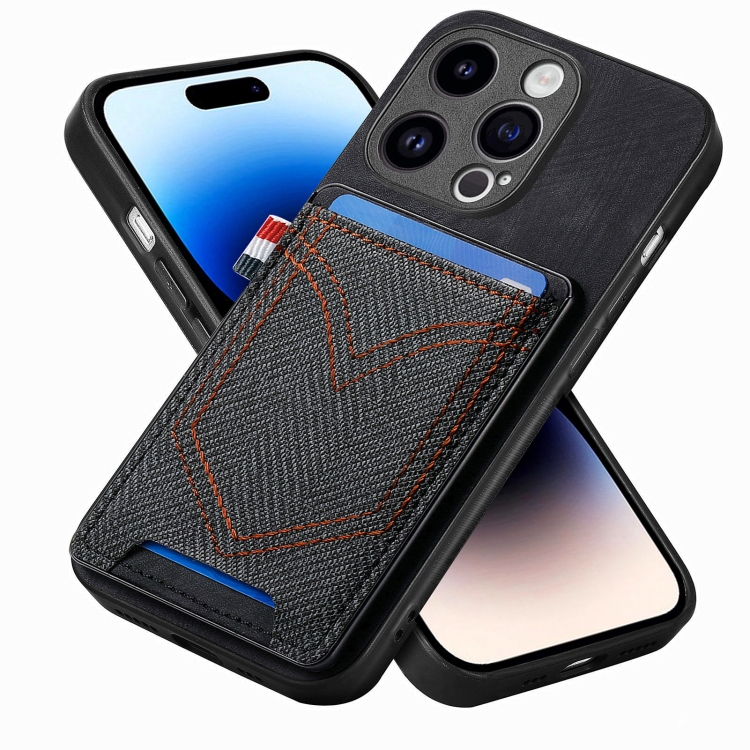 

For iPhone 14 Pro Max Denim Texture Leather Skin Phone Case with Card Slot(Black)