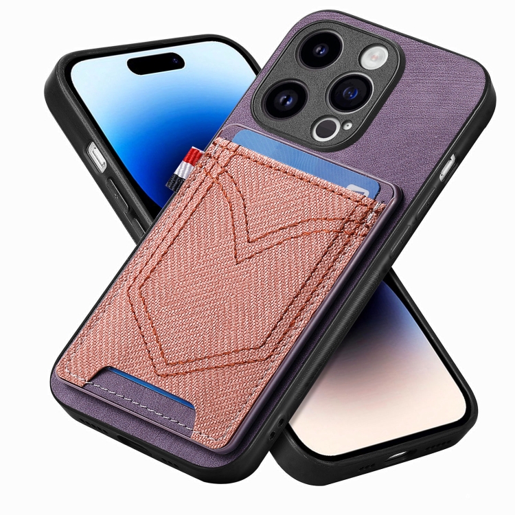 

For iPhone 14 Pro Max Denim Texture Leather Skin Phone Case with Card Slot(Purple)