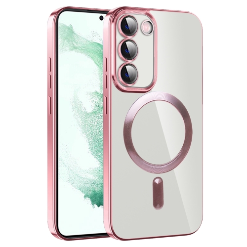 For Samsung Galaxy S22+ 5G CD Texture Plating TPU MagSafe Phone Case with Lens Film(Pink) cream style manicure table and chair set marble with socket