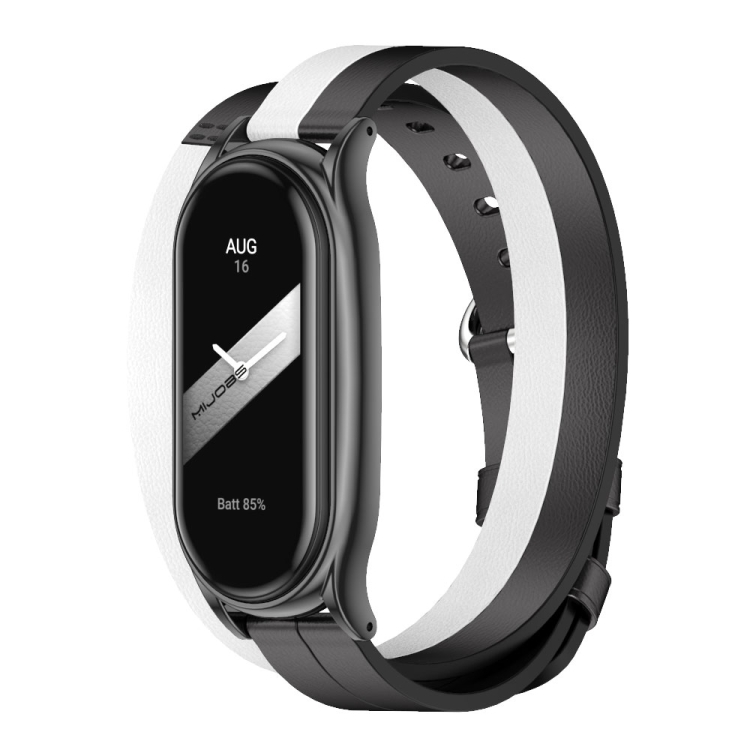 

For Xiaomi Mi Band 8 Mijobs Plus Case Double-Loop Leather Watch Band(Black+White)