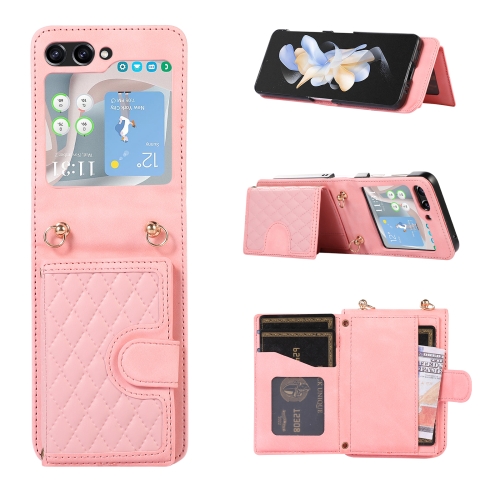 

For Samsung Galaxy Z Flip5 Card Slot Diamond Lattice Folding Leather Phone Case(Pink)