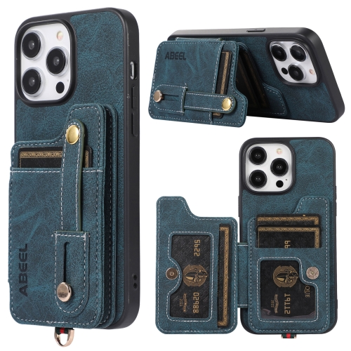 

For iPhone 14 Pro ABEEL Litchi Texture Card Bag PU Phone Case(Blue)