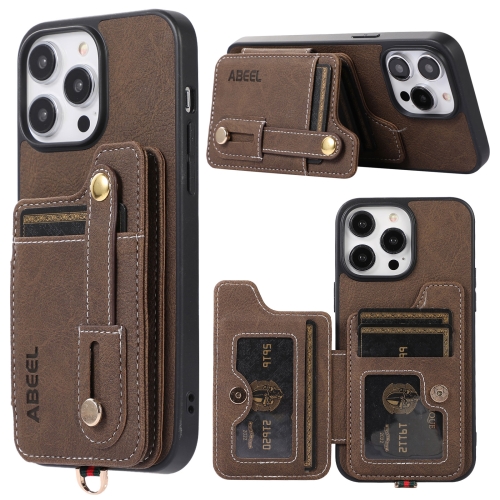 

For iPhone 14 Pro Max ABEEL Litchi Texture Card Bag PU Phone Case(Khaki)