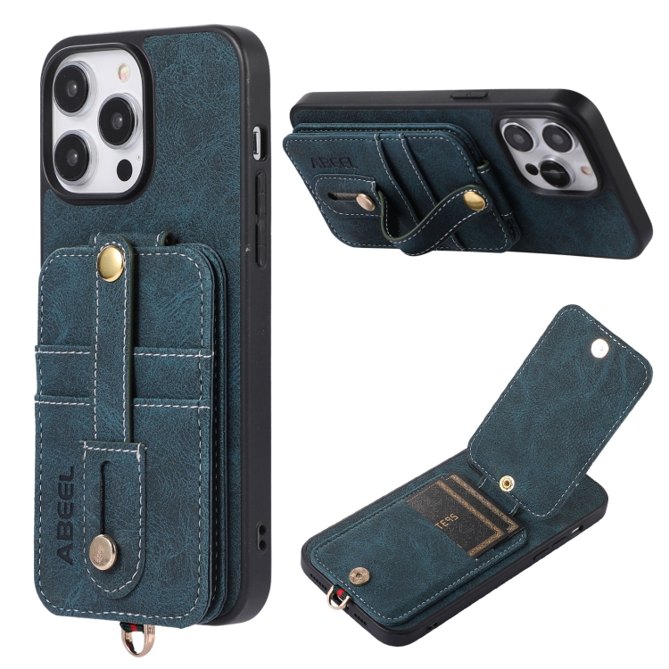 

For iPhone 14 Pro ABEEL Litchi Texture Card Bag PU Phone Case(Blue)