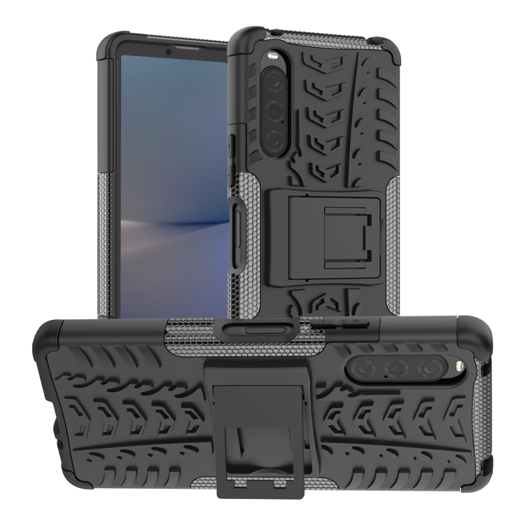 

For Sony Xperia 10 V Tire Texture TPU + PC Phone Case with Holder(Black)