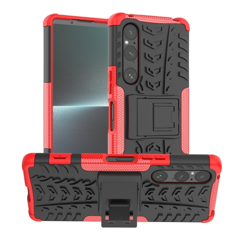 

For Sony Xperia 1 V Tire Texture TPU + PC Phone Case with Holder(Red)