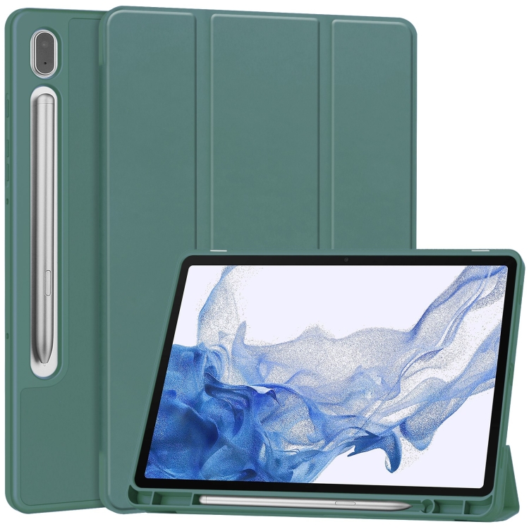 

For Samsung Galaxy Tab S9 3-Fold Pure Color TPU Smart Leather Tablet Case with Pen Slot(Dark Green)
