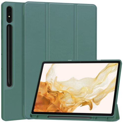 

For Samsung Galaxy Tab S9+ 3-Fold Pure Color TPU Smart Leather Tablet Case with Pen Slot(Dark Green)