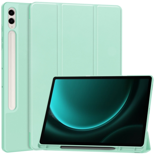

For Samsung Galaxy Tab S9 FE+ 3-Fold Pure Color TPU Smart Leather Tablet Case with Pen Slot(Mint Green)