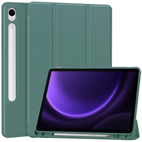 

For Samsung Galaxy Tab S9 FE 3-Fold Pure Color TPU Smart Leather Tablet Case with Pen Slot(Dark Green)