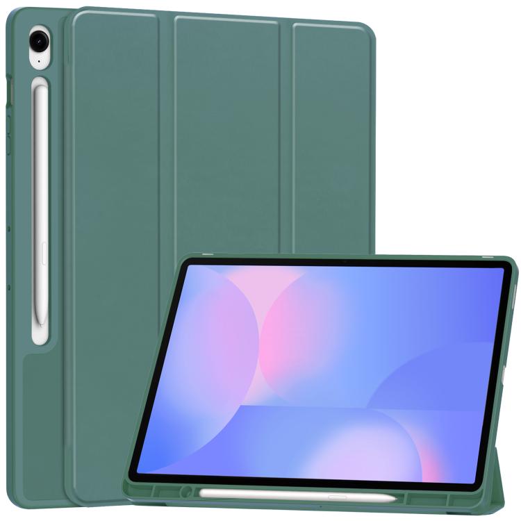 

For Samsung Galaxy Tab S10 FE+ 3-Fold Pure Color TPU Smart Leather Tablet Case with Pen Slot(Dark Green)