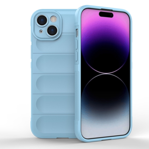 For iPhone 15 Plus Magic Shield TPU + Flannel Phone Case(Light Blue) for iphone 14 magic diamond blu ray magsafe phone case purple blue gradient