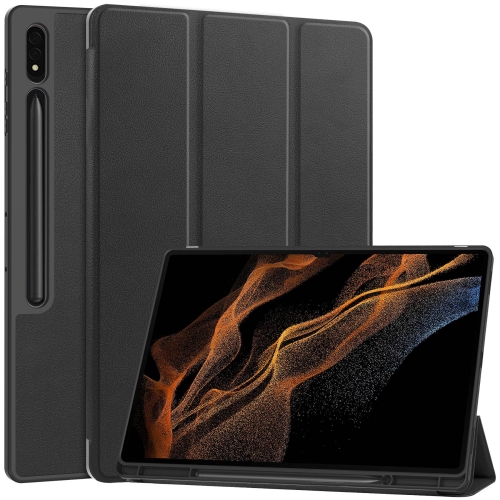 

For Samsung Galaxy Tab S9 Ultra 3-Fold Pure Color TPU Smart Leather Tablet Case with Pen Slot(Black)