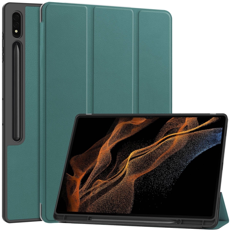 

For Samsung Galaxy Tab S9 Ultra 3-Fold Pure Color TPU Smart Leather Tablet Case with Pen Slot(Dark Green)