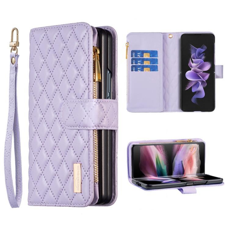 

For Samsung Galaxy Z Fold6 Diamond Lattice Zipper Wallet Leather Flip Phone Case(Purple)