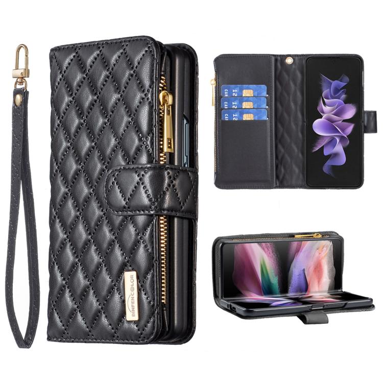

For Samsung Galaxy Z Fold7 Diamond Lattice Zipper Wallet Leather Flip Phone Case(Black)
