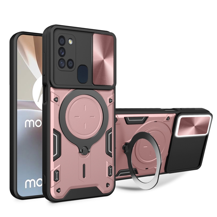

For Samsung Galaxy A21s CD Texture Sliding Camshield Magnetic Holder Phone Case(Pink)