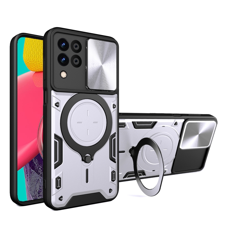 

For Samsung Galaxy M33 5G CD Texture Sliding Camshield Magnetic Holder Phone Case(Silver)