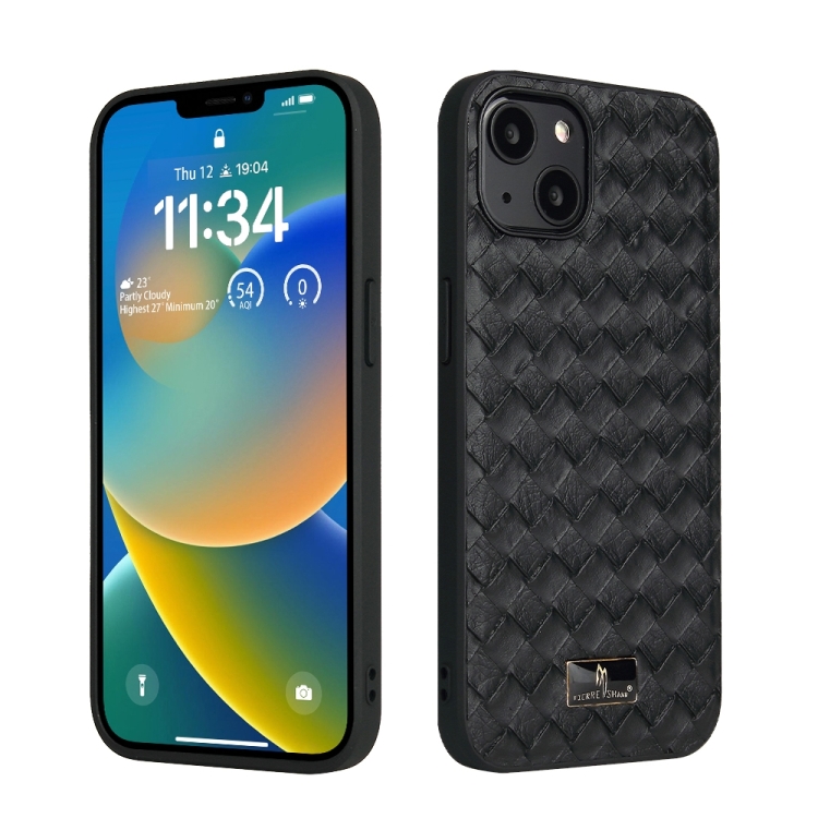 

For iPhone 15 Plus Fierre Shann Leather Texture Phone Back Cover Case(Woven Black)