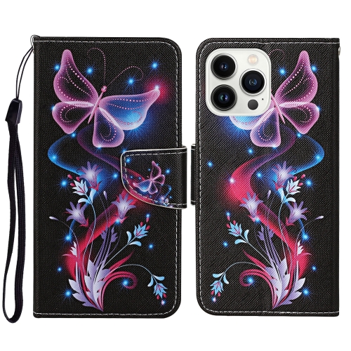 

For iPhone 15 Pro 3D Colored Drawing Flip Leather Phone Case(Fluorescent Butterfly)