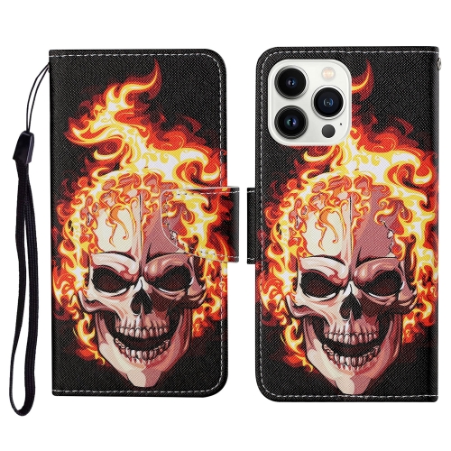 

For iPhone 15 Pro 3D Colored Drawing Flip Leather Phone Case(Flame Skull)