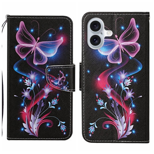 

For iPhone 16 3D Colored Drawing Flip Leather Phone Case(Fluorescent Butterfly)