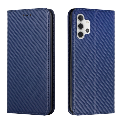 

For Samsung Galaxy A32 4G Carbon Fiber Texture Flip Holder Leather Phone Case(Blue)