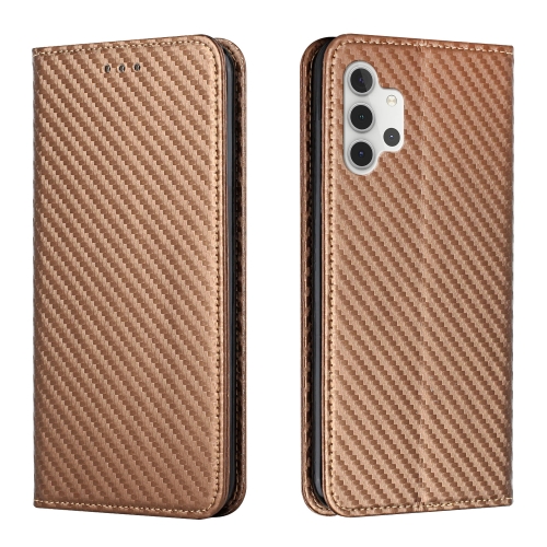 

For Samsung Galaxy A32 4G Carbon Fiber Texture Flip Holder Leather Phone Case(Brown)