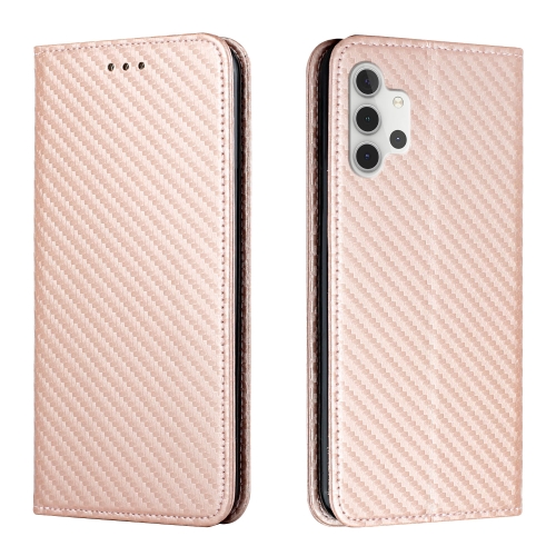 

For Samsung Galaxy A32 4G Carbon Fiber Texture Flip Holder Leather Phone Case(Rose Gold)