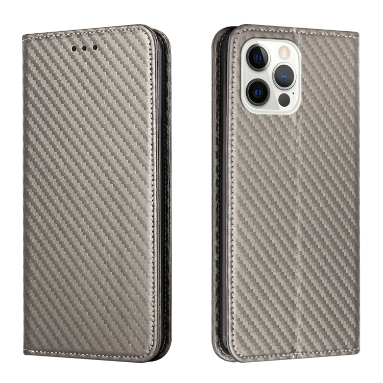 

For iPhone 15 Pro Carbon Fiber Texture Flip Holder Leather Phone Case(Grey)
