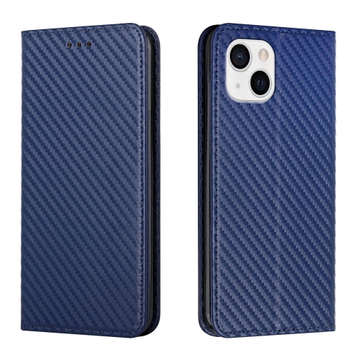 

For iPhone 15 Plus Carbon Fiber Texture Flip Holder Leather Phone Case(Blue)