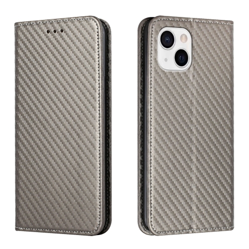 

For iPhone 15 Plus Carbon Fiber Texture Flip Holder Leather Phone Case(Grey)