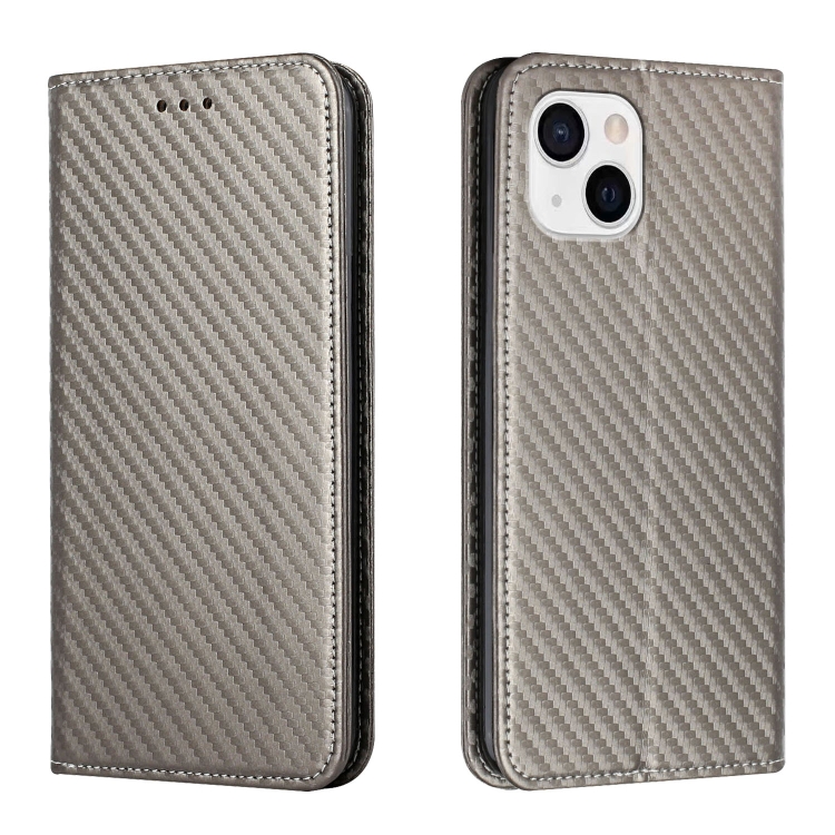 

For iPhone 15 Carbon Fiber Texture Flip Holder Leather Phone Case(Grey)