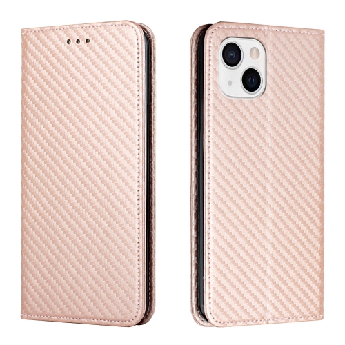 

For iPhone 15 Carbon Fiber Texture Flip Holder Leather Phone Case(Rose Gold)