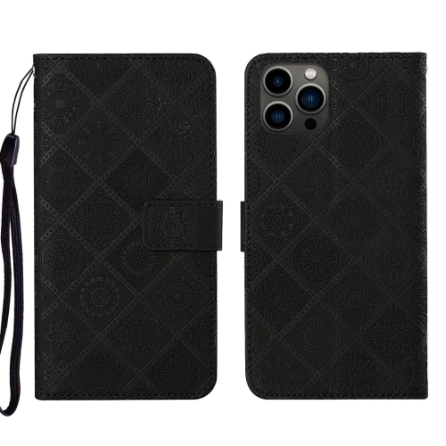 

For iPhone 15 Pro Ethnic Style Embossed Pattern Leather Phone Case(Black)