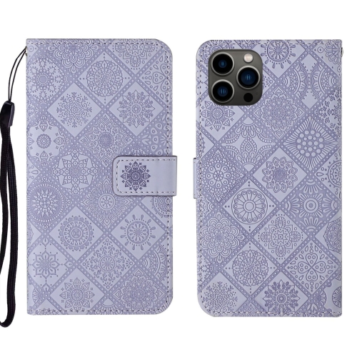 

For iPhone 15 Pro Ethnic Style Embossed Pattern Leather Phone Case(Purple)