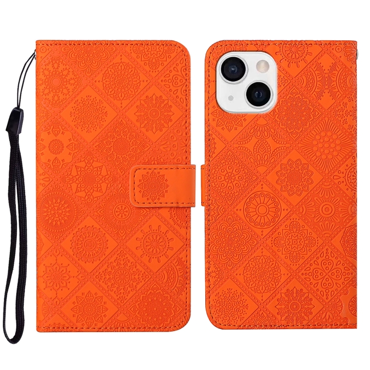

For iPhone 15 Plus Ethnic Style Embossed Pattern Leather Phone Case(Orange)
