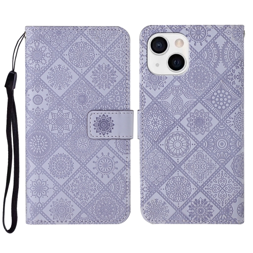 

For iPhone 15 Plus Ethnic Style Embossed Pattern Leather Phone Case(Purple)