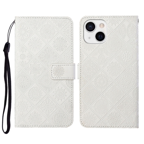 

For iPhone 15 Ethnic Style Embossed Pattern Leather Phone Case(White)