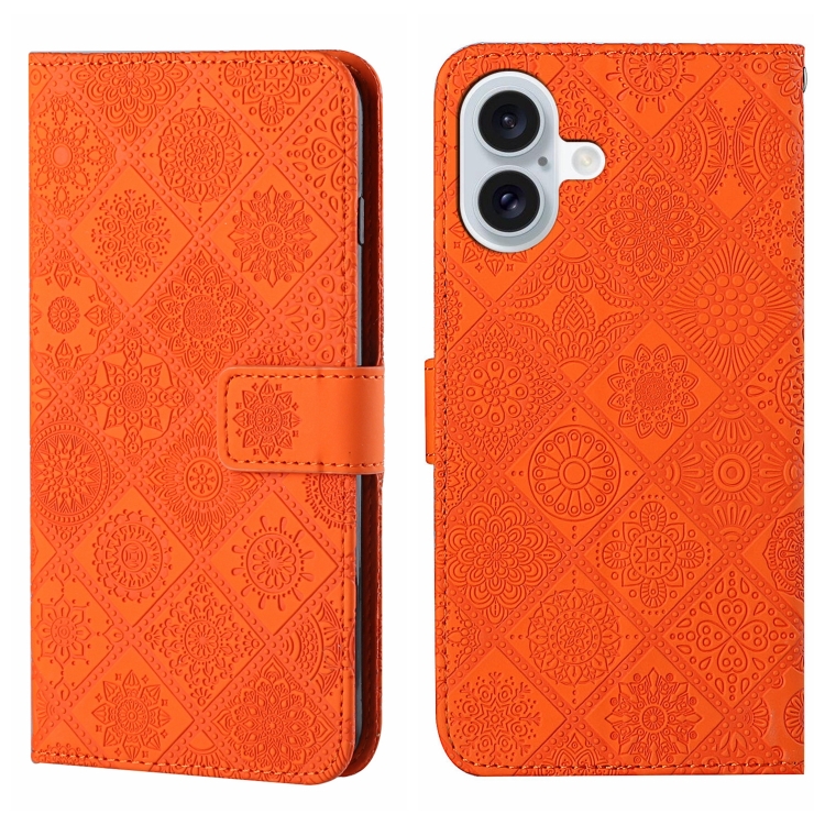 

For iPhone 16 Plus Ethnic Style Embossed Pattern Leather Phone Case(Orange)