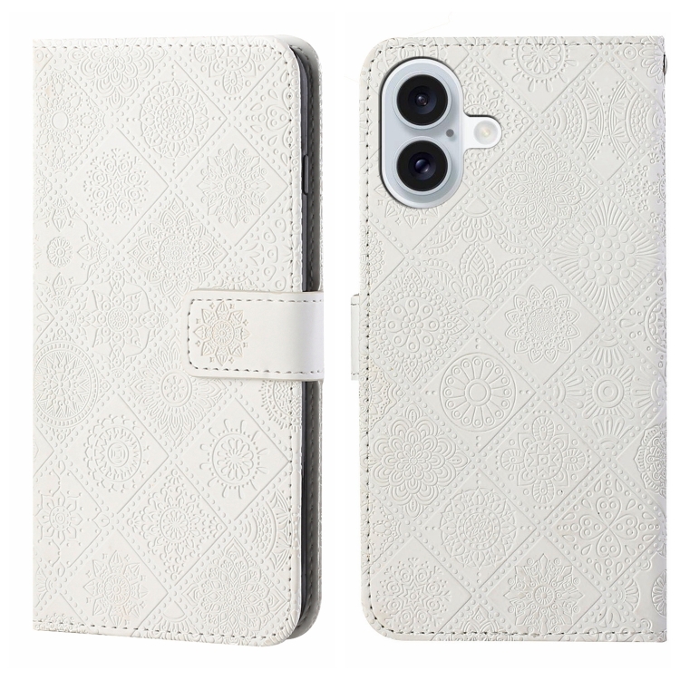 

For iPhone 16 Plus Ethnic Style Embossed Pattern Leather Phone Case(White)
