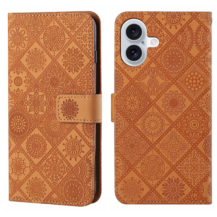 

For iPhone 16 Ethnic Style Embossed Pattern Leather Phone Case(Brown)