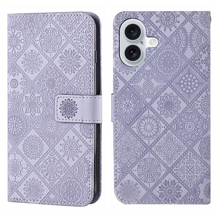 

For iPhone 16 Ethnic Style Embossed Pattern Leather Phone Case(Purple)