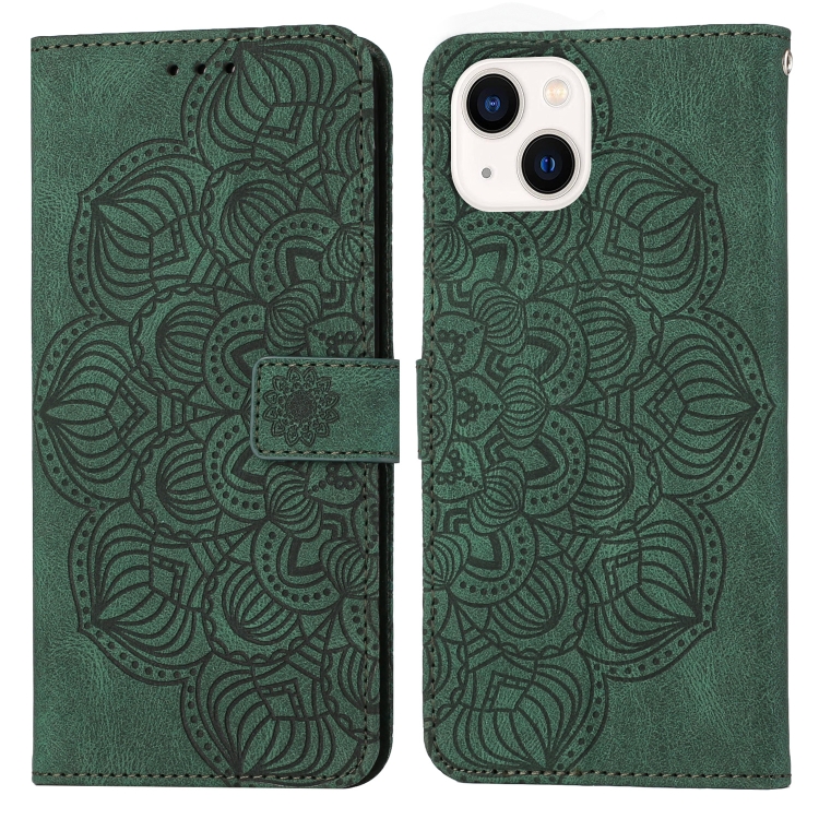 

For iPhone 15 Mandala Embossed Flip Leather Phone Case(Green)