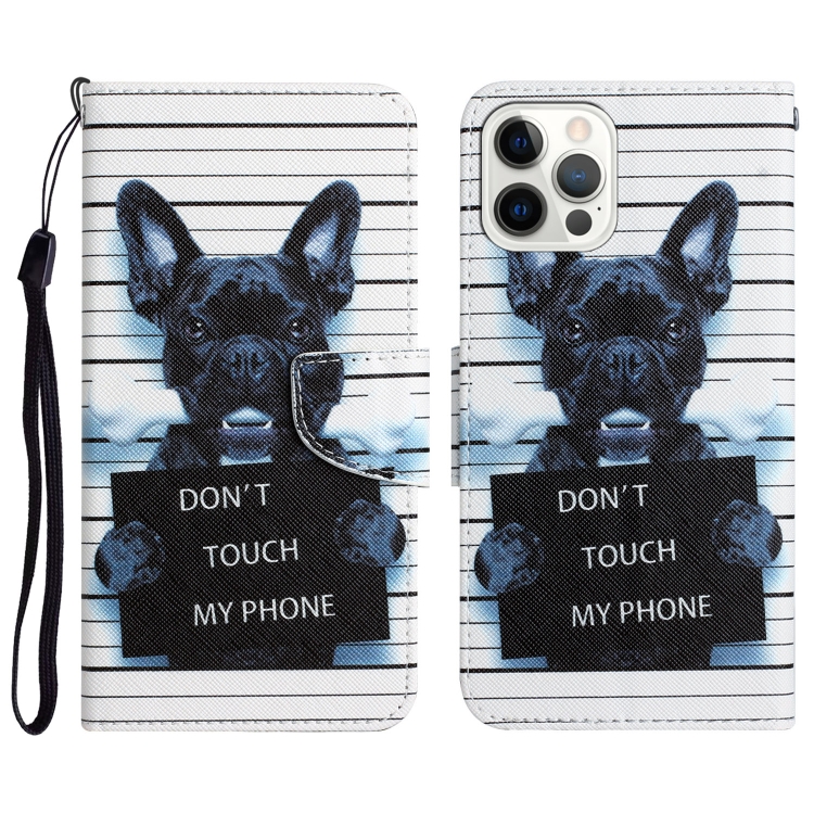 

For iPhone 15 Pro Colored Drawing Leather Phone Case(Black Dog)