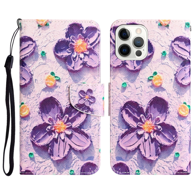 

For iPhone 15 Pro Colored Drawing Leather Phone Case(Purple Flower)